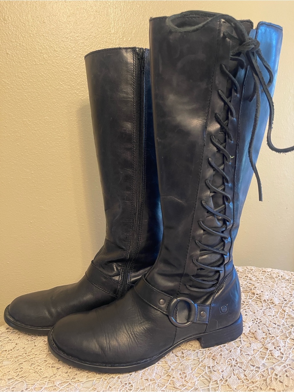 Born "Estelle" Black Leather Knee-High Lace Up Boots. Very comfortable!